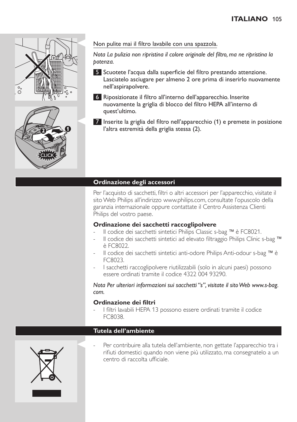 Ordinazione dei sacchetti raccoglipolvere, Ordinazione dei filtri, Ordinazione degli accessori | Tutela dell’ambiente | Philips Studio Aspirateur avec sac User Manual | Page 105 / 170
