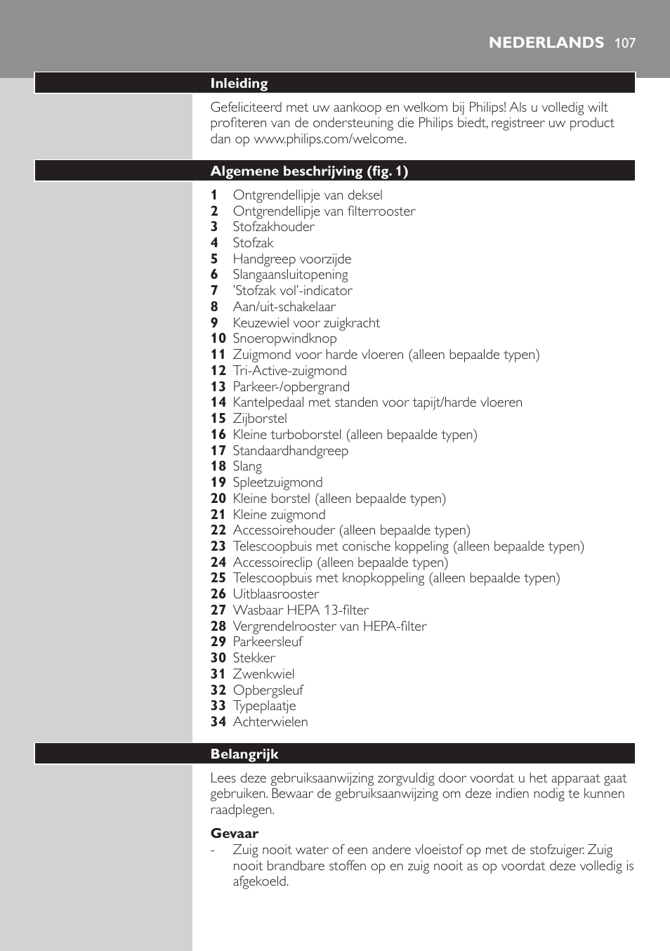 Gevaar, Nederlands, Inleiding | Algemene beschrijving (fig. 1), Belangrijk | Philips Studio Aspirateur avec sac User Manual | Page 107 / 170