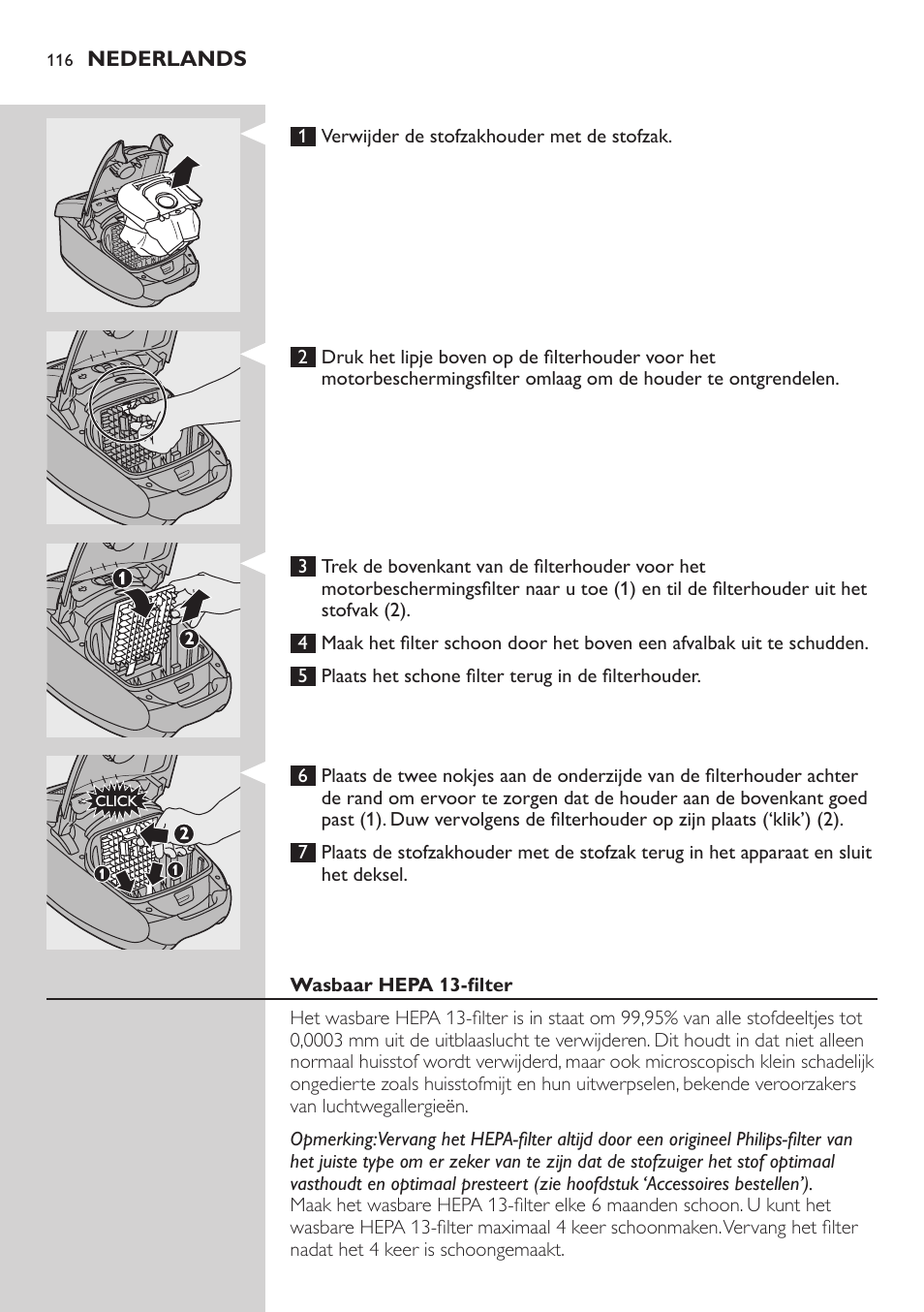 Wasbaar hepa 13-filter | Philips Studio Aspirateur avec sac User Manual | Page 116 / 170