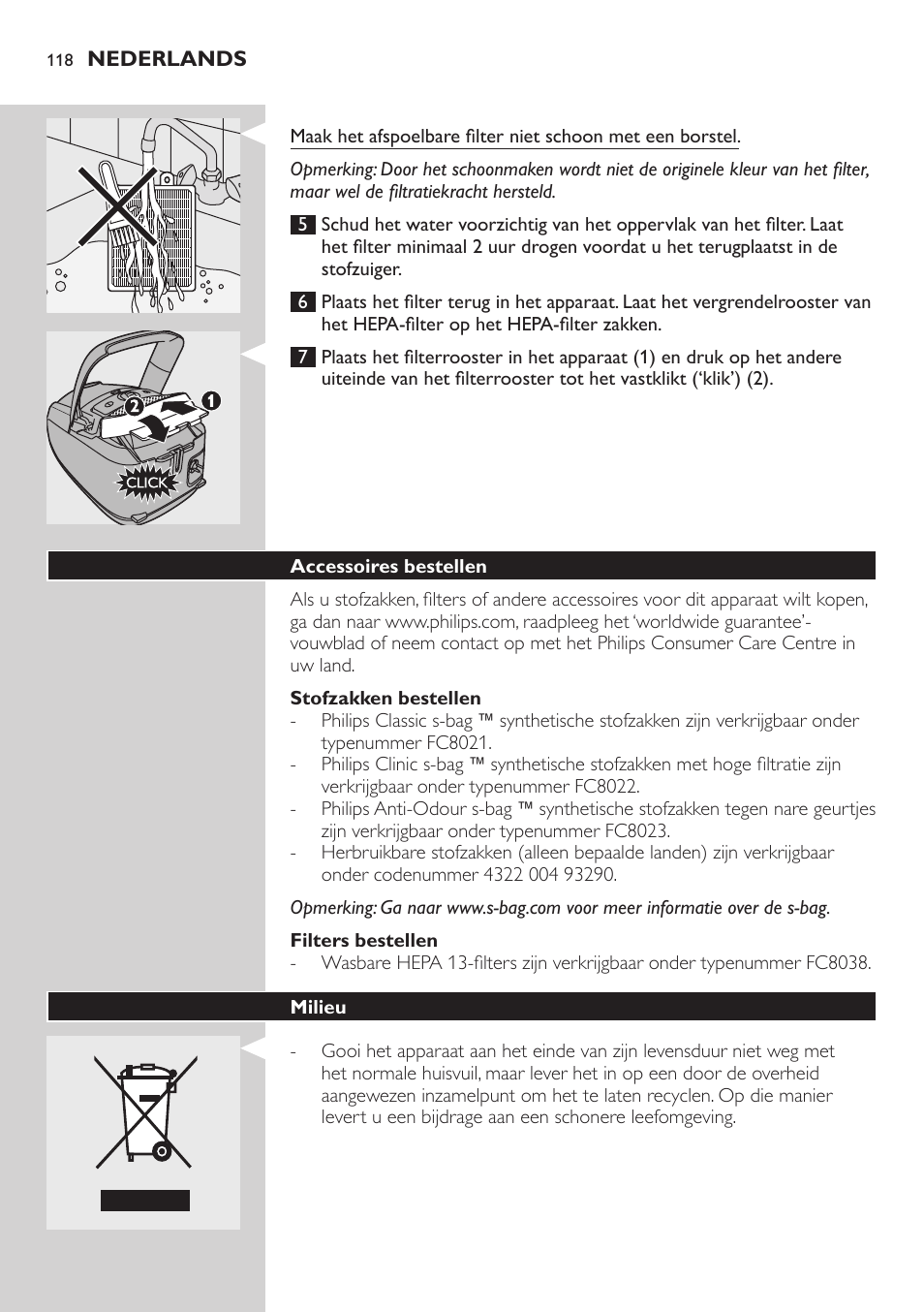 Stofzakken bestellen, Filters bestellen, Accessoires bestellen | Milieu | Philips Studio Aspirateur avec sac User Manual | Page 118 / 170