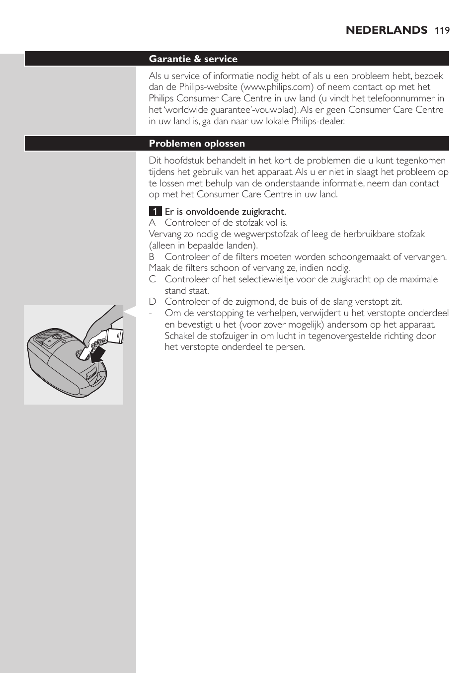 Garantie & service, Problemen oplossen | Philips Studio Aspirateur avec sac User Manual | Page 119 / 170