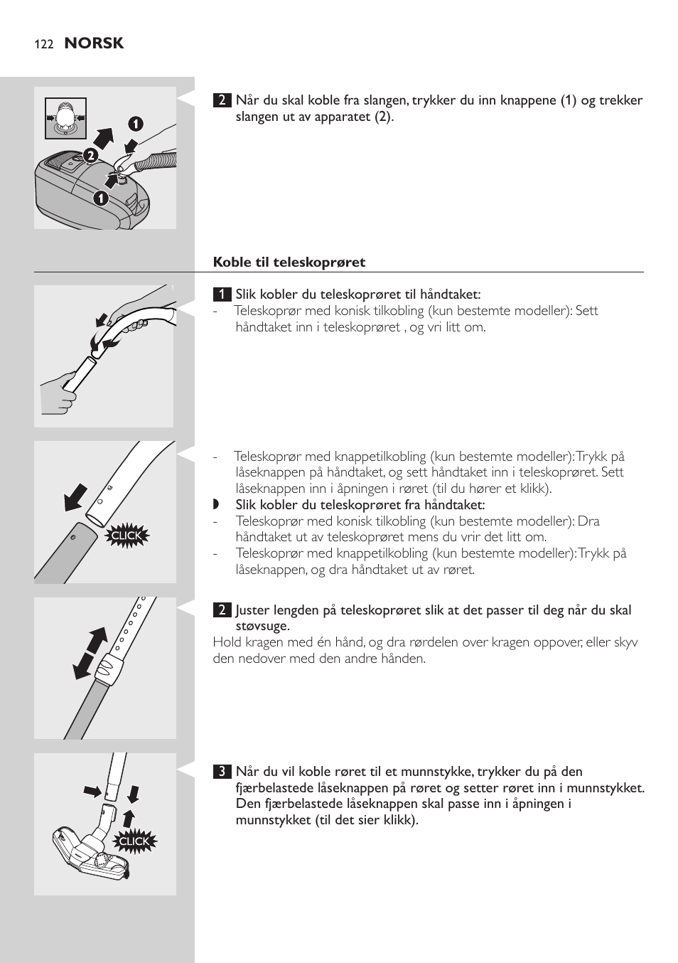 Koble til teleskoprøret | Philips Studio Aspirateur avec sac User Manual | Page 122 / 170