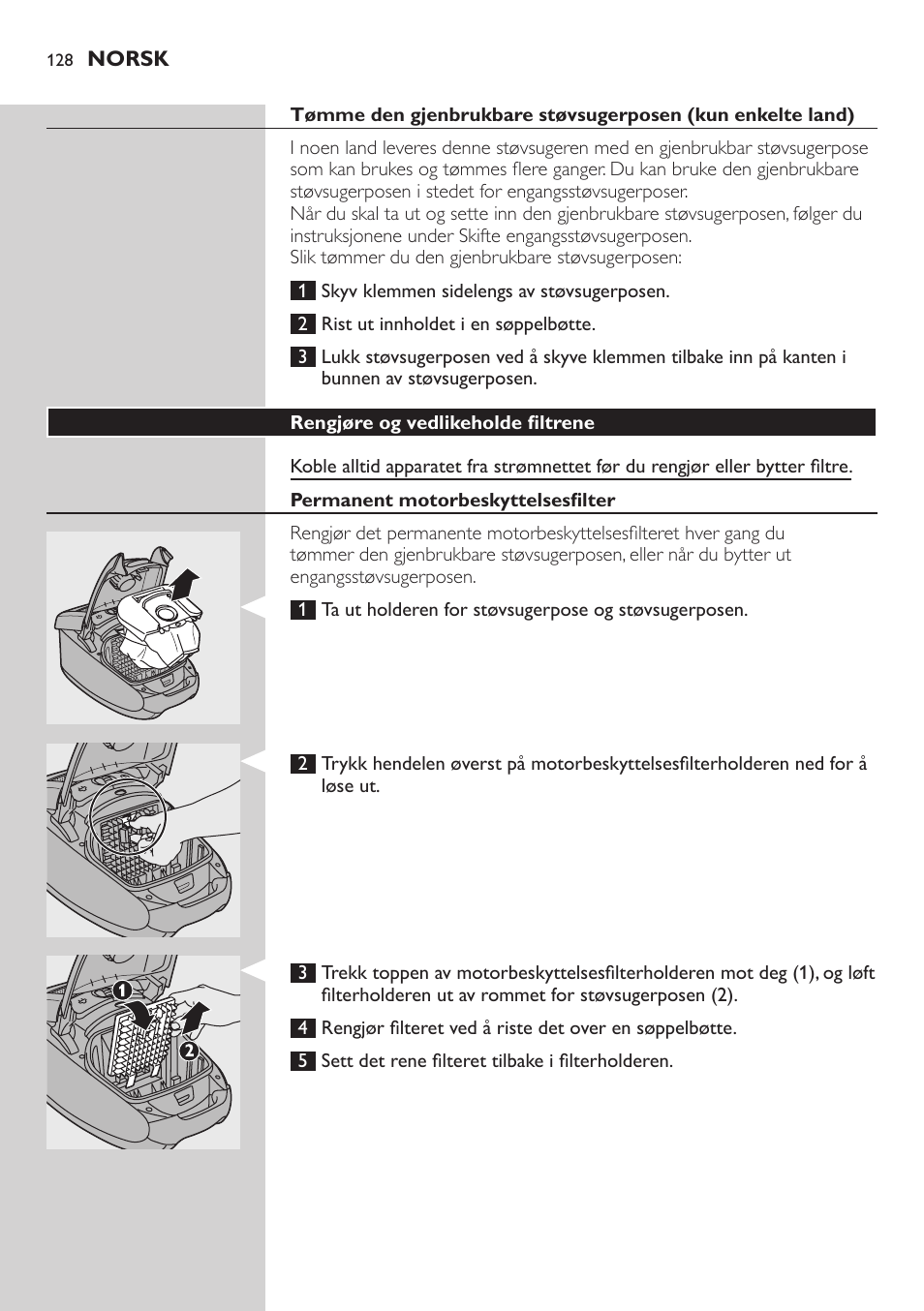 Rengjøre og vedlikeholde filtrene, Permanent motorbeskyttelsesfilter | Philips Studio Aspirateur avec sac User Manual | Page 128 / 170