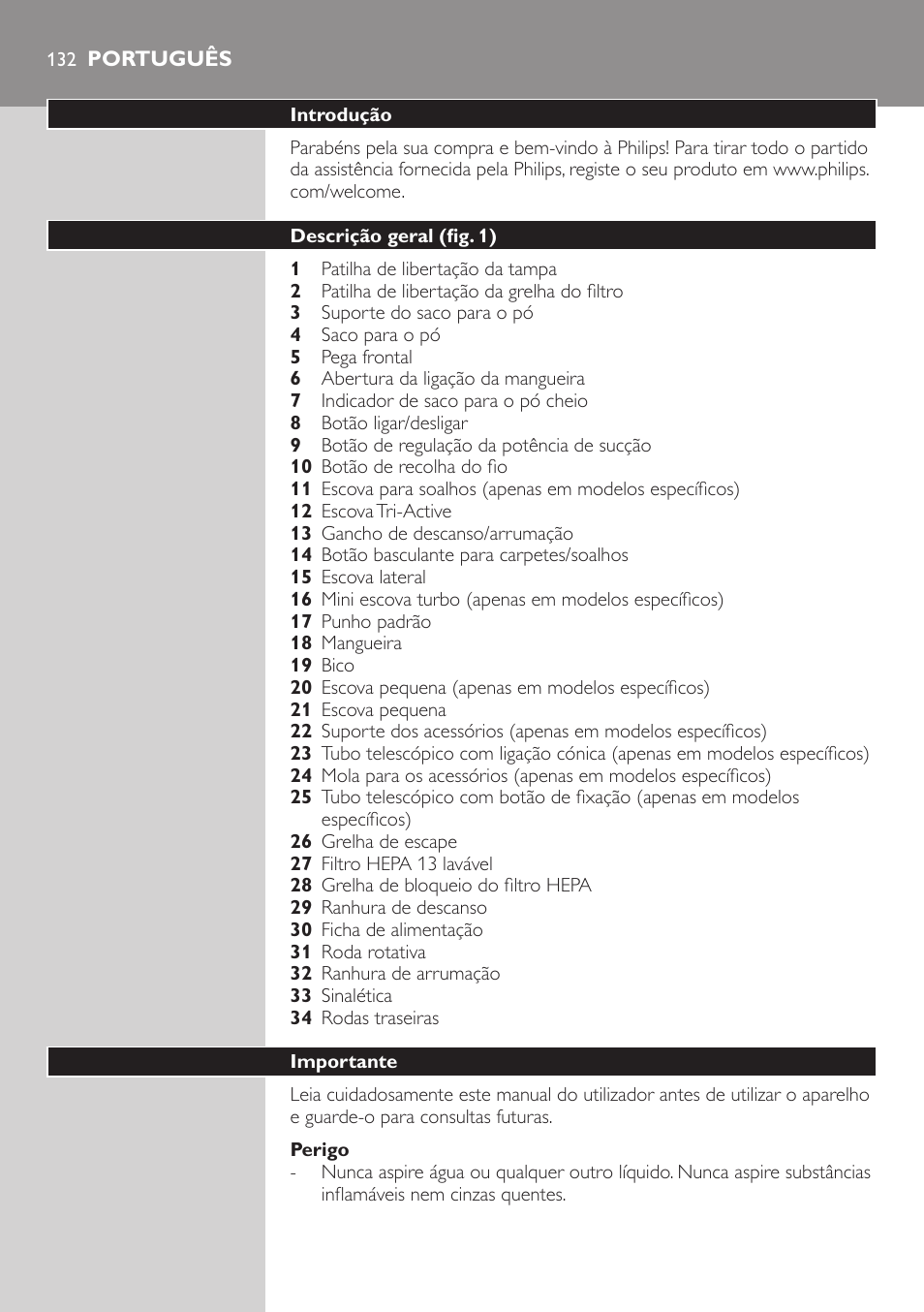 Perigo, Português, Introdução | Descrição geral (fig. 1), Importante | Philips Studio Aspirateur avec sac User Manual | Page 132 / 170