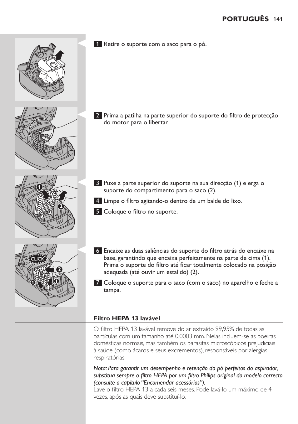 Filtro hepa 13 lavável | Philips Studio Aspirateur avec sac User Manual | Page 141 / 170