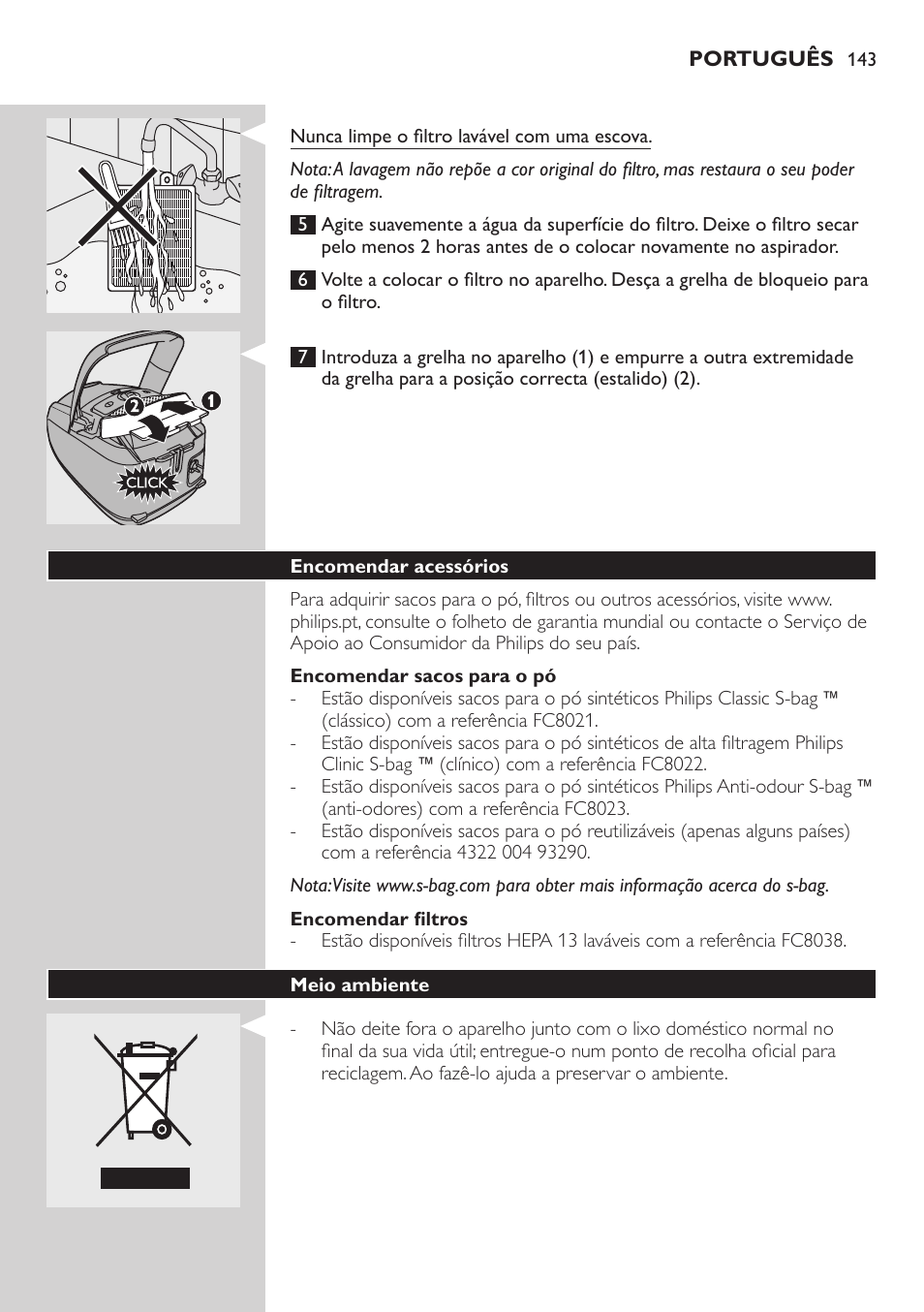 Encomendar sacos para o pó, Encomendar filtros, Encomendar acessórios | Meio ambiente | Philips Studio Aspirateur avec sac User Manual | Page 143 / 170