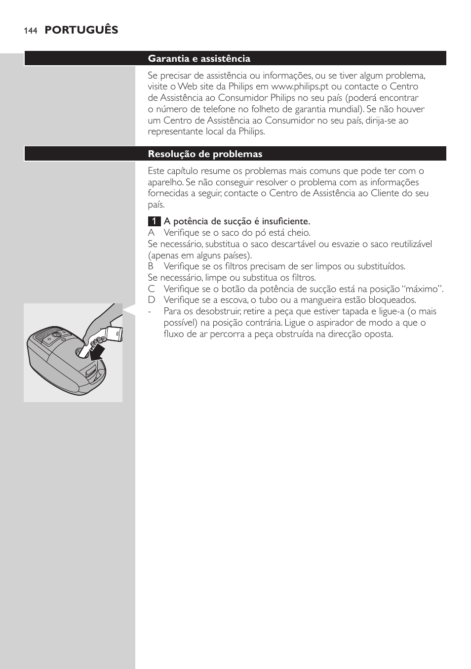 Garantia e assistência, Resolução de problemas | Philips Studio Aspirateur avec sac User Manual | Page 144 / 170