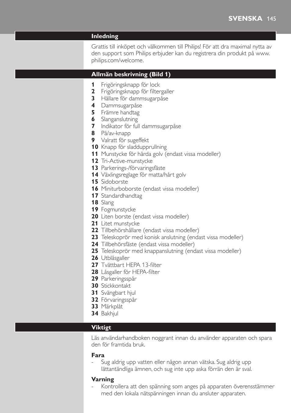 Fara, Varning, Svenska | Inledning, Allmän beskrivning (bild 1), Viktigt | Philips Studio Aspirateur avec sac User Manual | Page 145 / 170