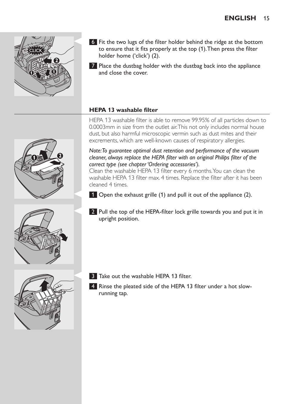 Hepa 13 washable filter | Philips Studio Aspirateur avec sac User Manual | Page 15 / 170