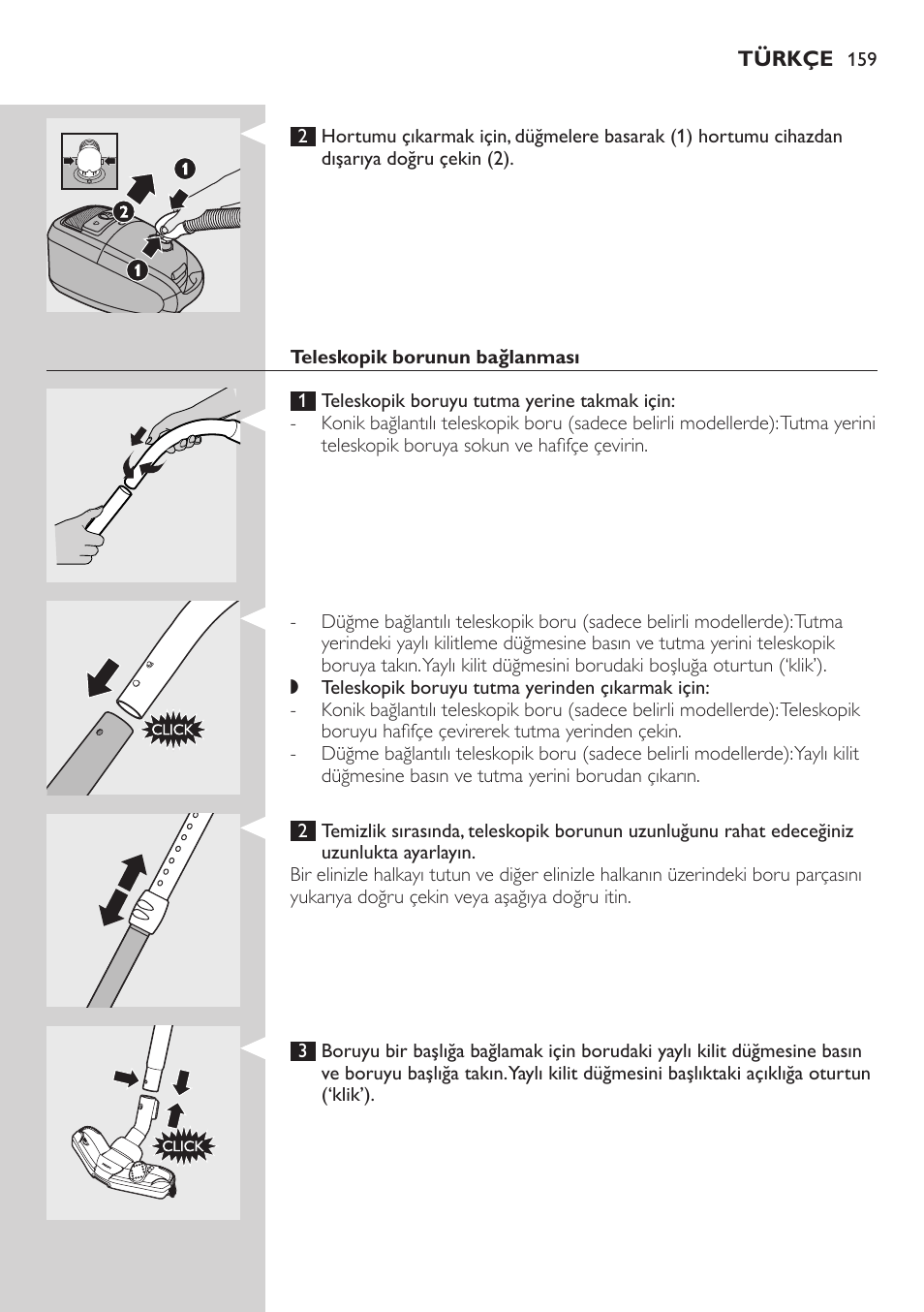 Teleskopik borunun bağlanması | Philips Studio Aspirateur avec sac User Manual | Page 159 / 170