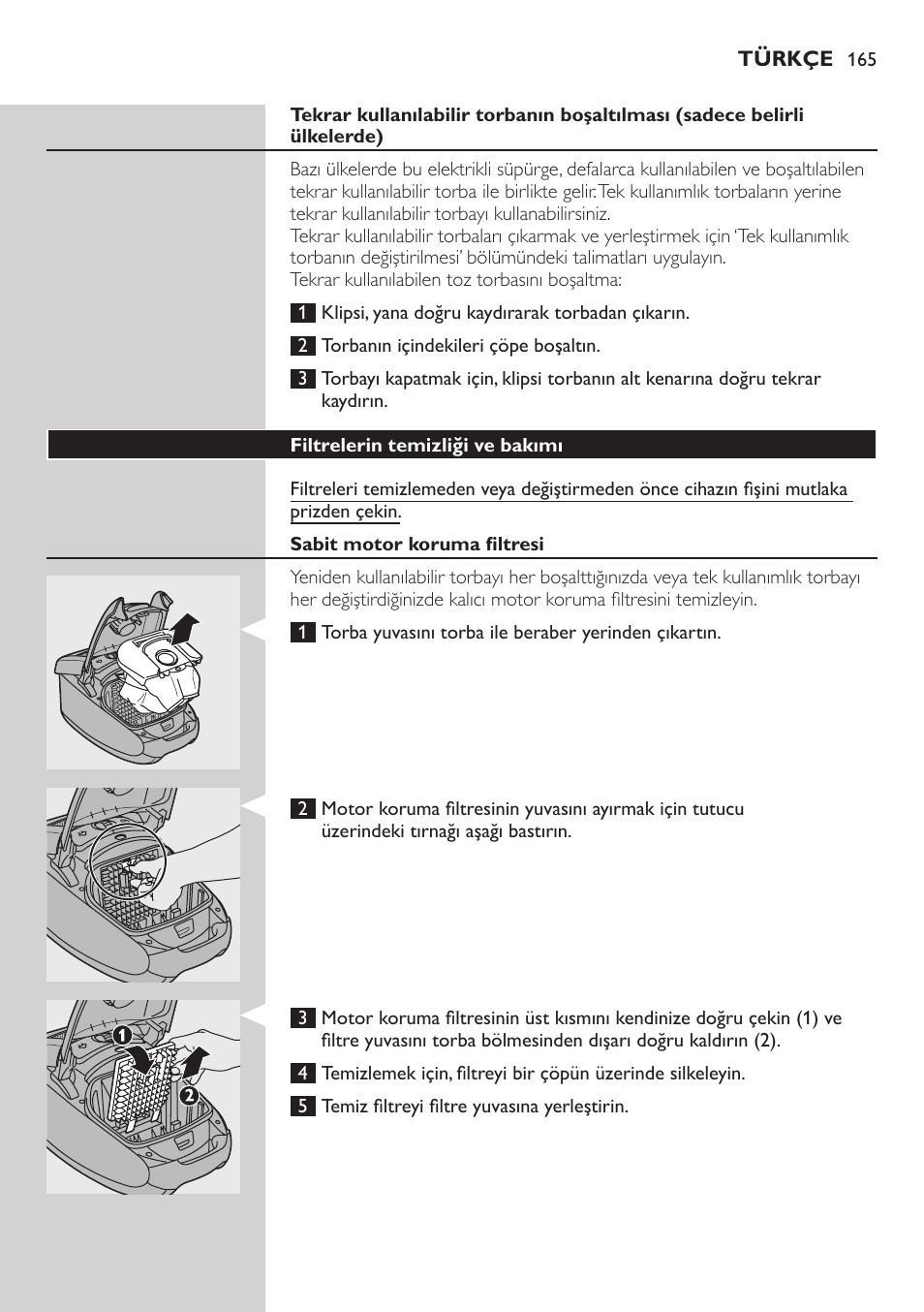 Filtrelerin temizliği ve bakımı, Sabit motor koruma filtresi | Philips Studio Aspirateur avec sac User Manual | Page 165 / 170