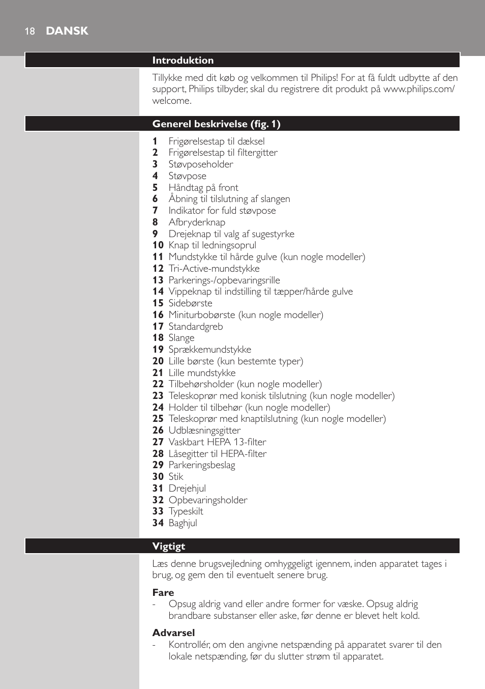 Fare, Advarsel, Dansk | Introduktion, Generel beskrivelse (fig. 1), Vigtigt | Philips Studio Aspirateur avec sac User Manual | Page 18 / 170