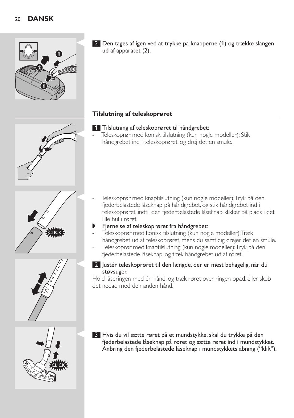 Tilslutning af teleskoprøret | Philips Studio Aspirateur avec sac User Manual | Page 20 / 170