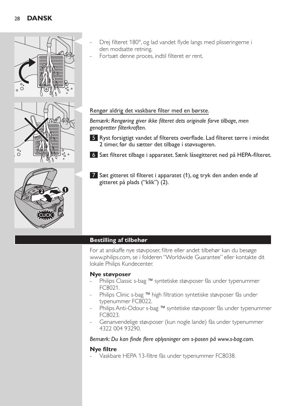 Nye støvposer, Nye filtre, Bestilling af tilbehør | Philips Studio Aspirateur avec sac User Manual | Page 28 / 170