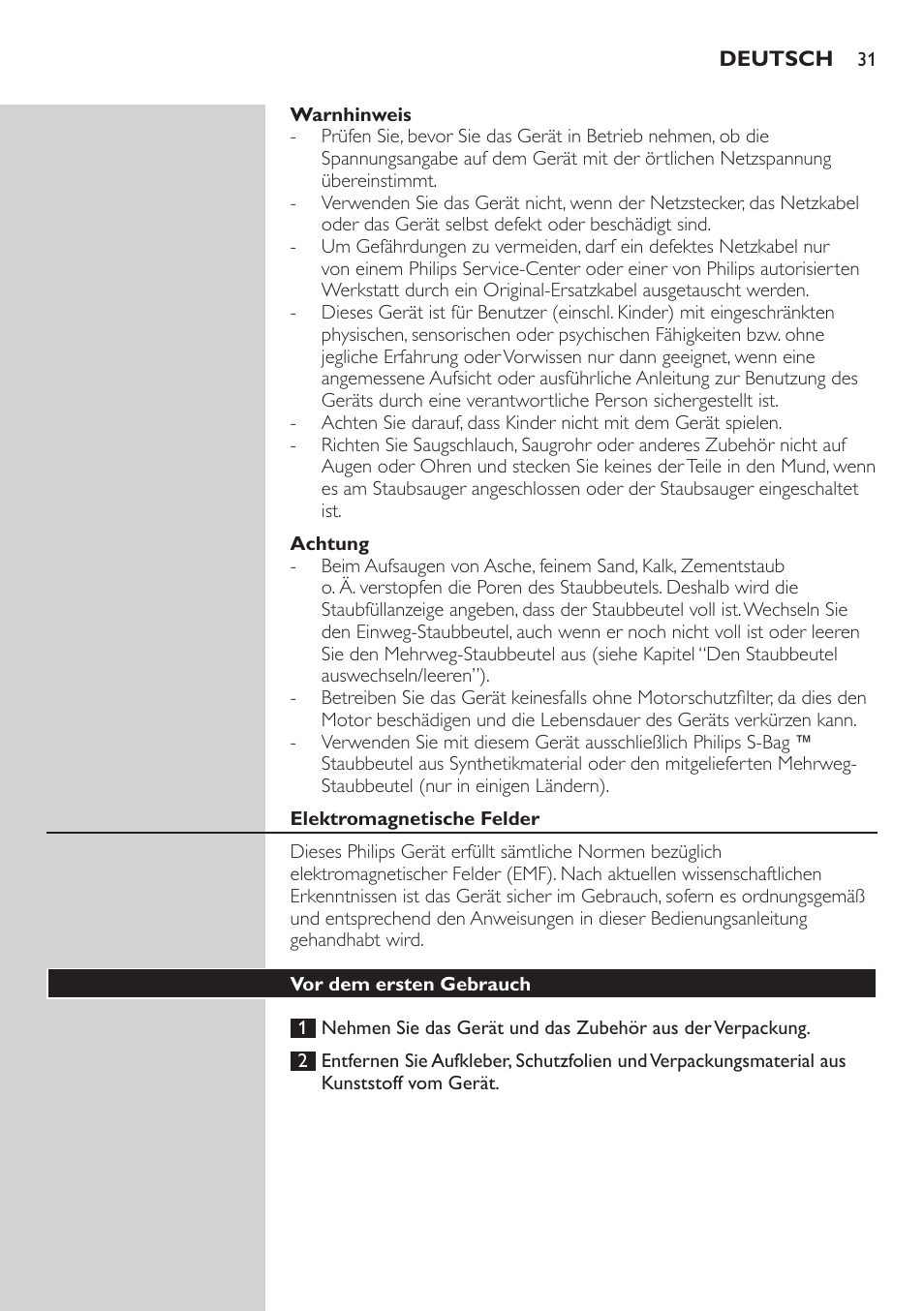 Warnhinweis, Achtung, Elektromagnetische felder | Vor dem ersten gebrauch | Philips Studio Aspirateur avec sac User Manual | Page 31 / 170