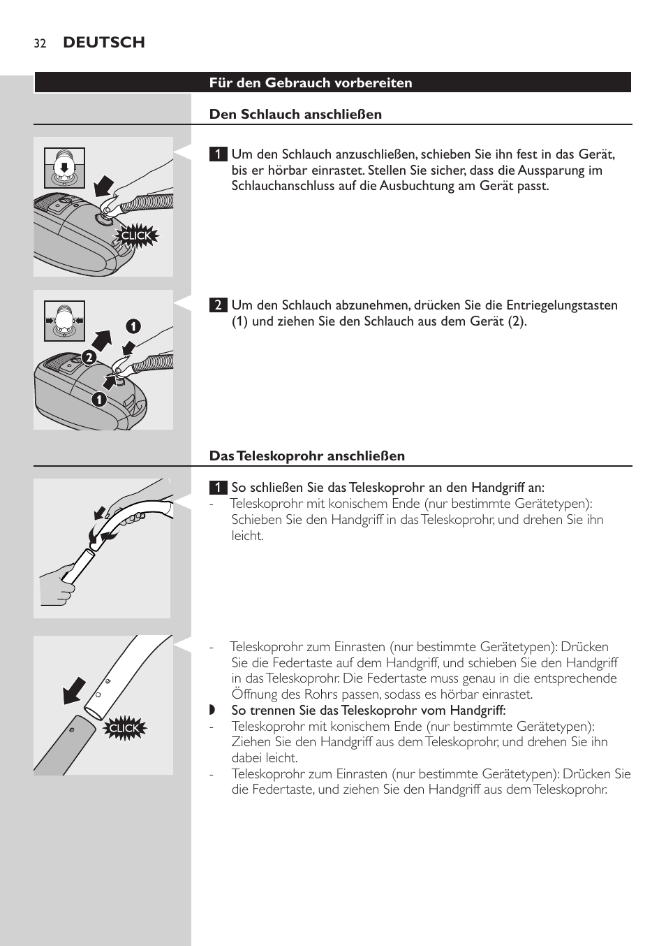 Für den gebrauch vorbereiten, Den schlauch anschließen, Das teleskoprohr anschließen | Philips Studio Aspirateur avec sac User Manual | Page 32 / 170