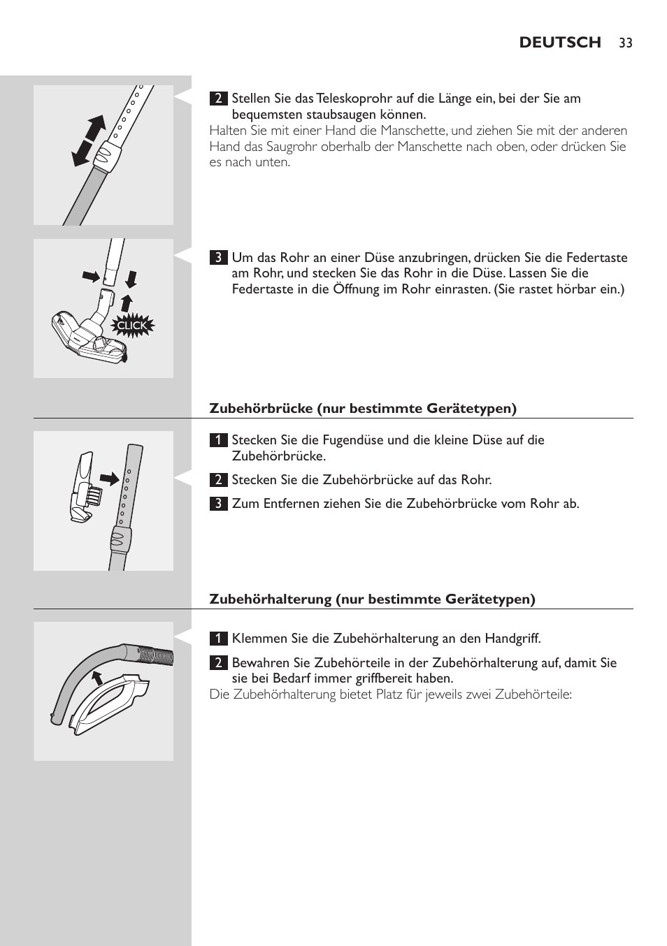 Zubehörbrücke (nur bestimmte gerätetypen), Zubehörhalterung (nur bestimmte gerätetypen) | Philips Studio Aspirateur avec sac User Manual | Page 33 / 170