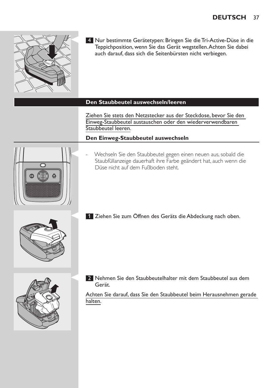 Den staubbeutel auswechseln/leeren, Den einweg-staubbeutel auswechseln | Philips Studio Aspirateur avec sac User Manual | Page 37 / 170