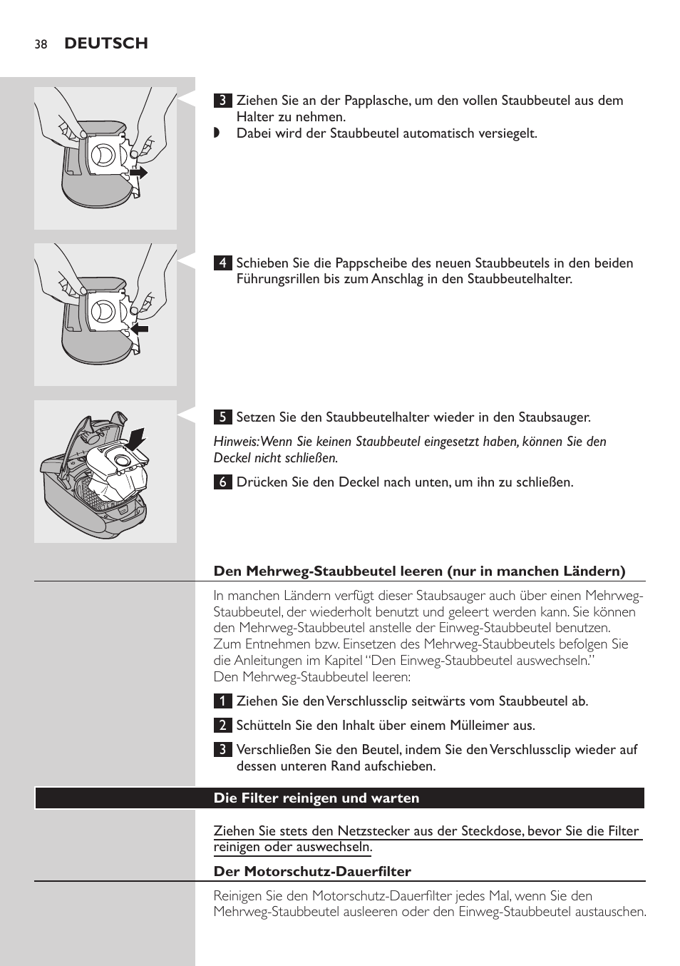 Die filter reinigen und warten, Der motorschutz-dauerfilter | Philips Studio Aspirateur avec sac User Manual | Page 38 / 170