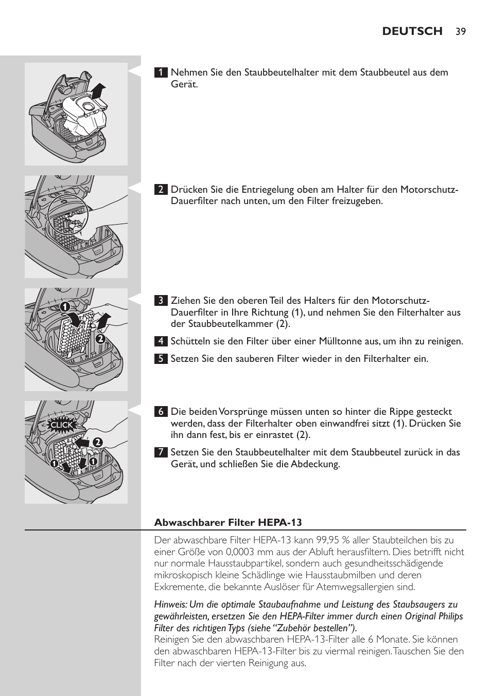 Abwaschbarer filter hepa-13 | Philips Studio Aspirateur avec sac User Manual | Page 39 / 170