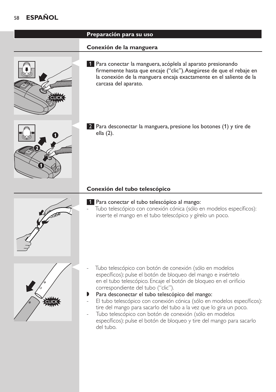 Preparación para su uso, Conexión de la manguera, Conexión del tubo telescópico | Philips Studio Aspirateur avec sac User Manual | Page 58 / 170