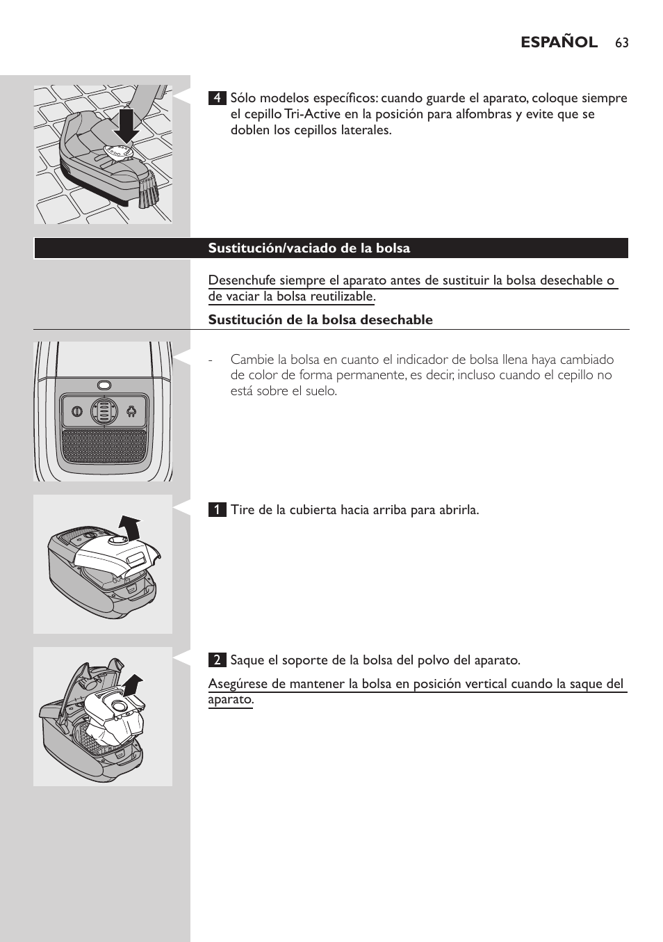 Sustitución/vaciado de la bolsa, Sustitución de la bolsa desechable | Philips Studio Aspirateur avec sac User Manual | Page 63 / 170