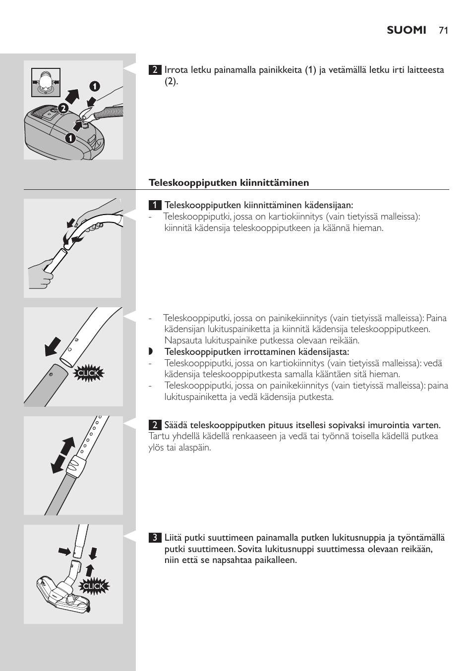 Teleskooppiputken kiinnittäminen | Philips Studio Aspirateur avec sac User Manual | Page 71 / 170