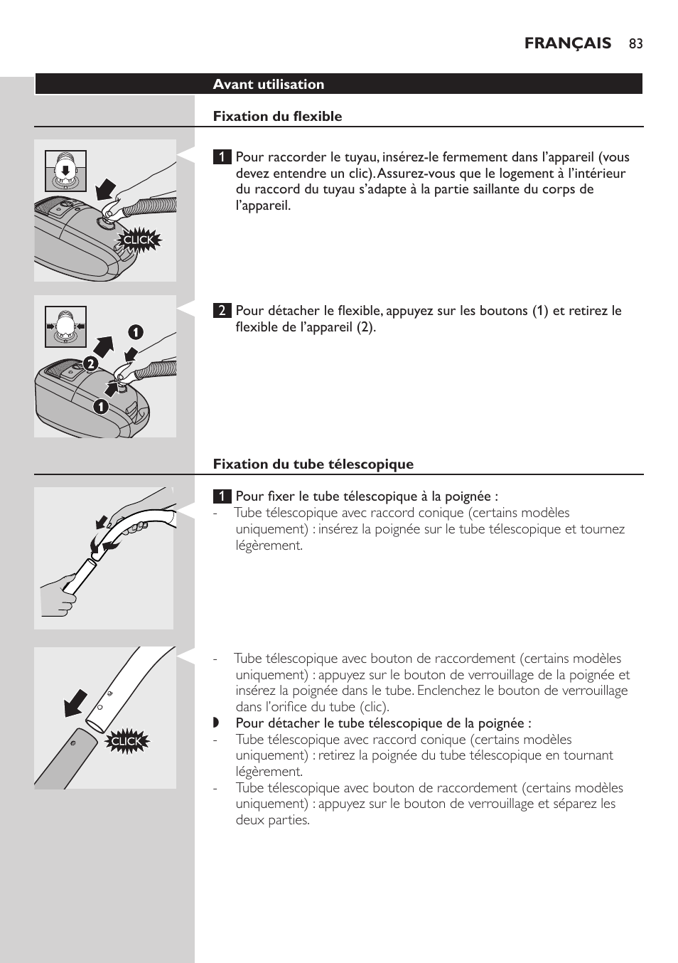 Avant utilisation, Fixation du flexible, Fixation du tube télescopique | Philips Studio Aspirateur avec sac User Manual | Page 83 / 170