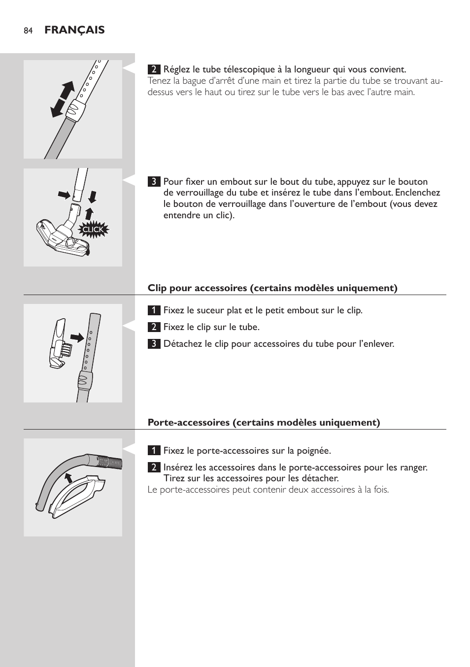 Porte-accessoires (certains modèles uniquement) | Philips Studio Aspirateur avec sac User Manual | Page 84 / 170