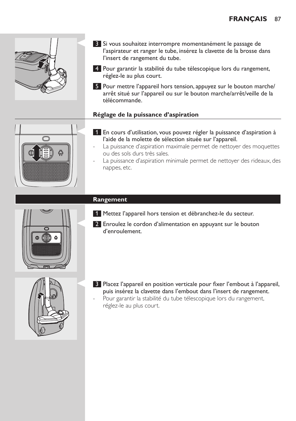 Réglage de la puissance d’aspiration, Rangement | Philips Studio Aspirateur avec sac User Manual | Page 87 / 170