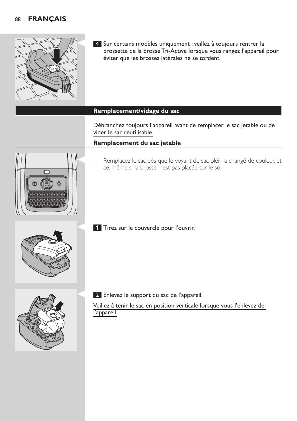 Remplacement/vidage du sac, Remplacement du sac jetable | Philips Studio Aspirateur avec sac User Manual | Page 88 / 170