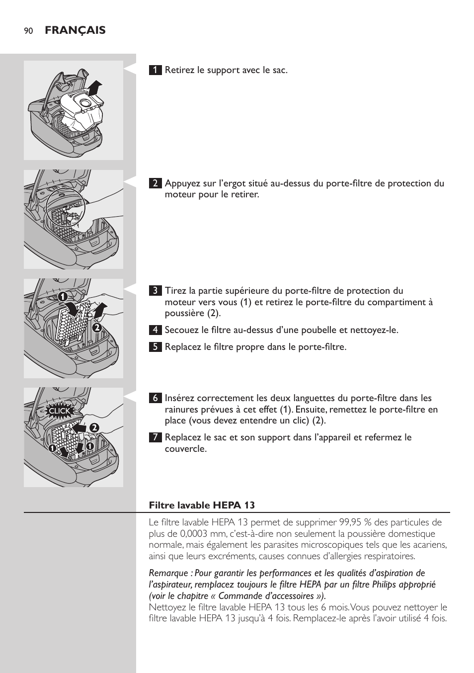 Filtre lavable hepa 13 | Philips Studio Aspirateur avec sac User Manual | Page 90 / 170