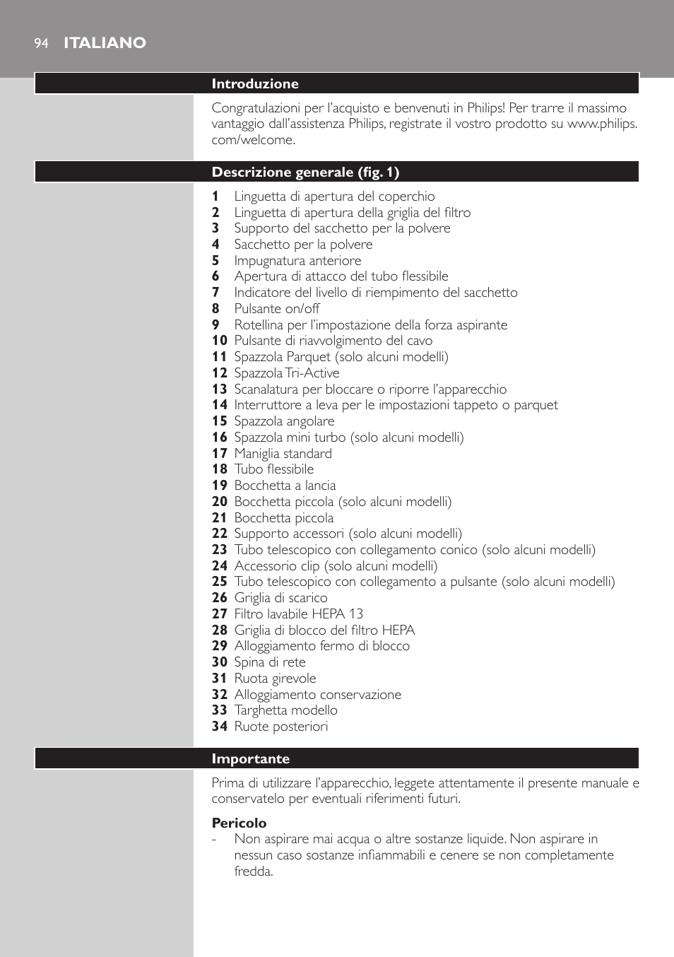Pericolo, Italiano, Introduzione | Descrizione generale (fig. 1), Importante | Philips Studio Aspirateur avec sac User Manual | Page 94 / 170