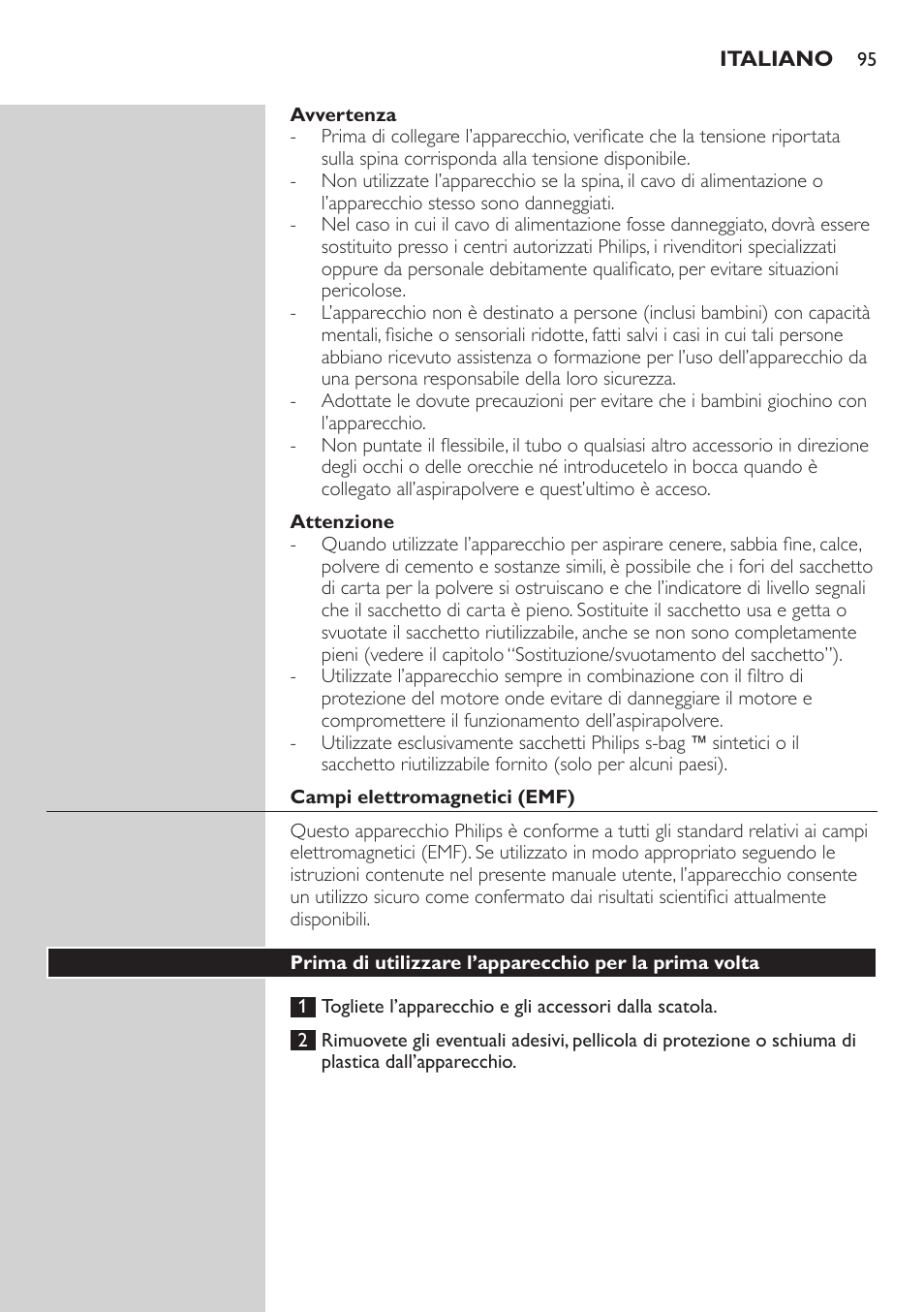 Avvertenza, Attenzione, Campi elettromagnetici (emf) | Philips Studio Aspirateur avec sac User Manual | Page 95 / 170