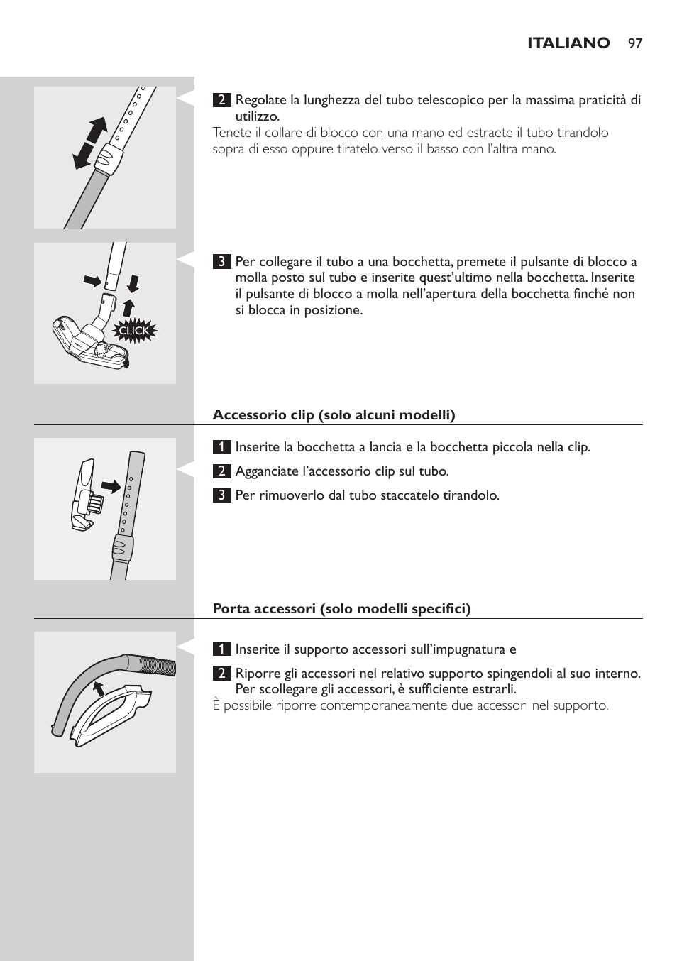 Accessorio clip (solo alcuni modelli), Porta accessori (solo modelli specifici) | Philips Studio Aspirateur avec sac User Manual | Page 97 / 170