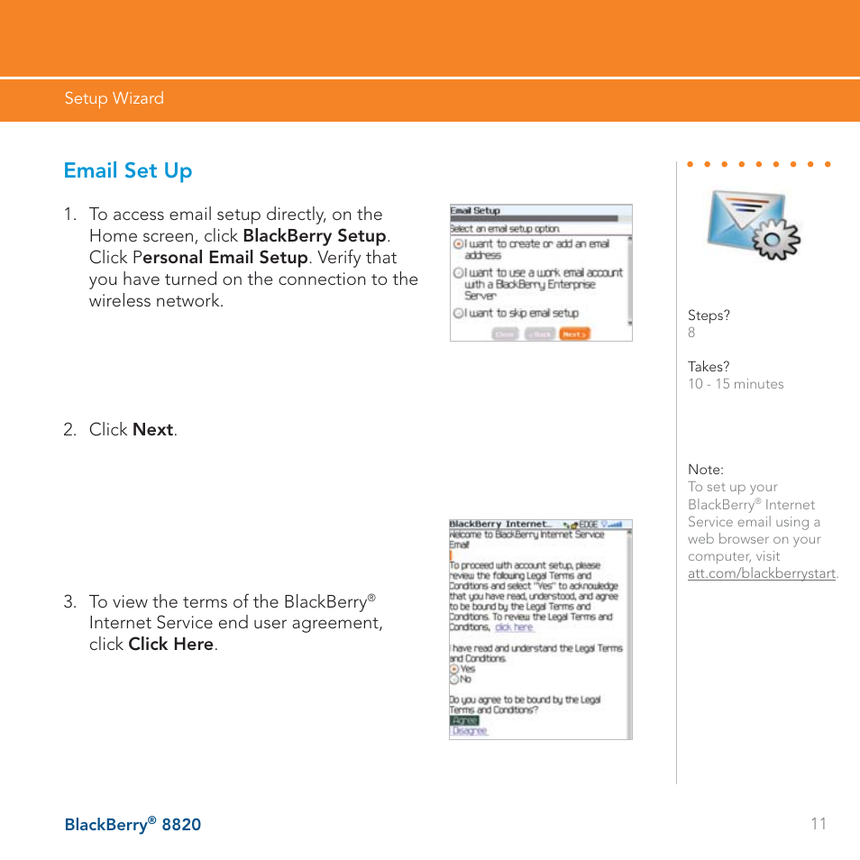Email set up | AT&T BLACKBERRY 8820 User Manual | Page 11 / 58