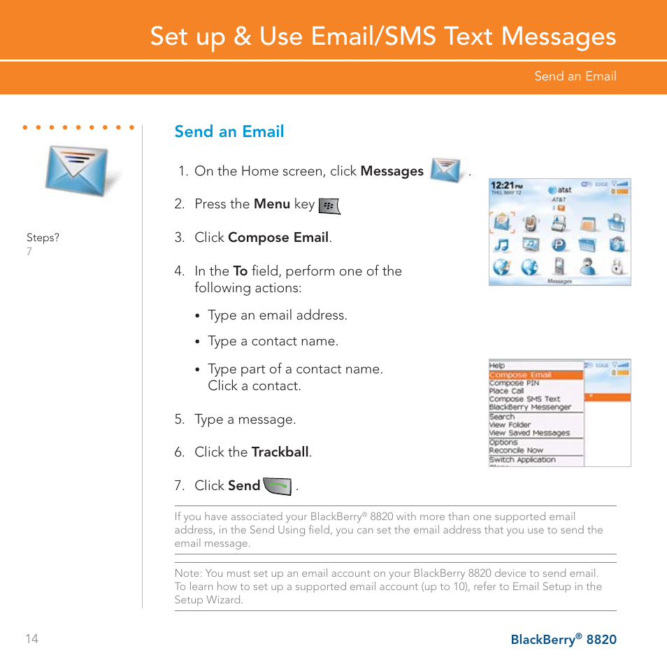 Set up & use email/sms text messages, Send an email | AT&T BLACKBERRY 8820 User Manual | Page 14 / 58