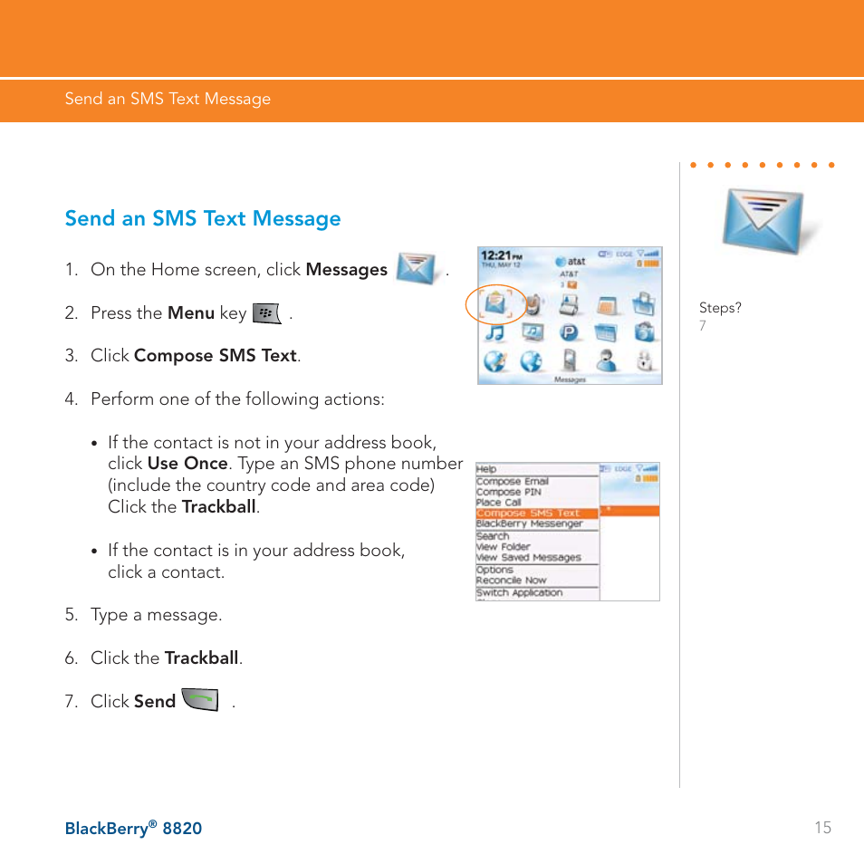 Send an sms text message | AT&T BLACKBERRY 8820 User Manual | Page 15 / 58