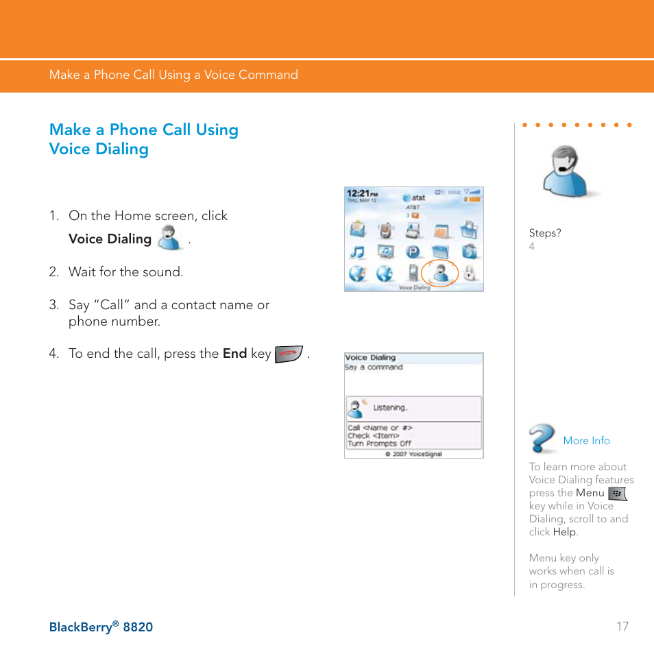 Make a phone call using voice dialing | AT&T BLACKBERRY 8820 User Manual | Page 17 / 58