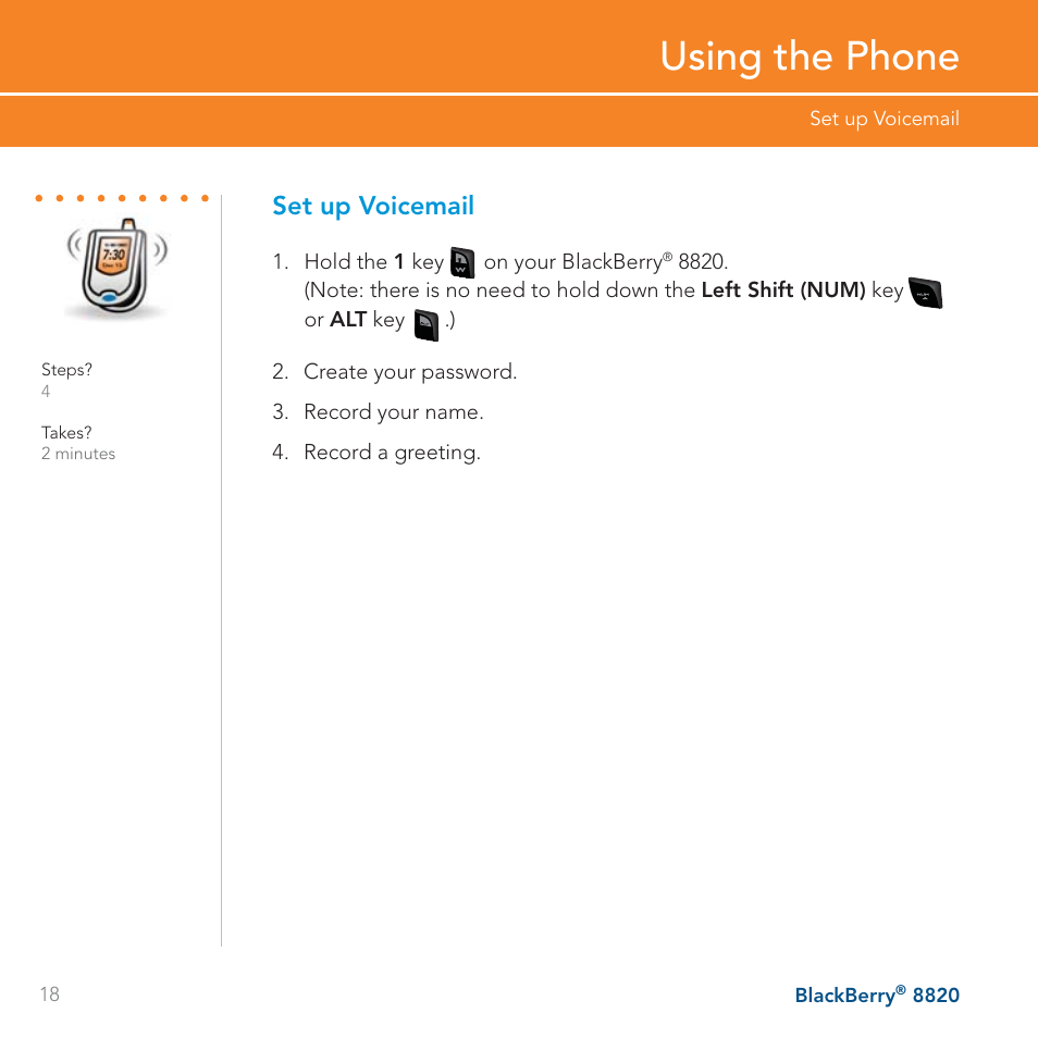 Using the phone, Set up voicemail | AT&T BLACKBERRY 8820 User Manual | Page 18 / 58