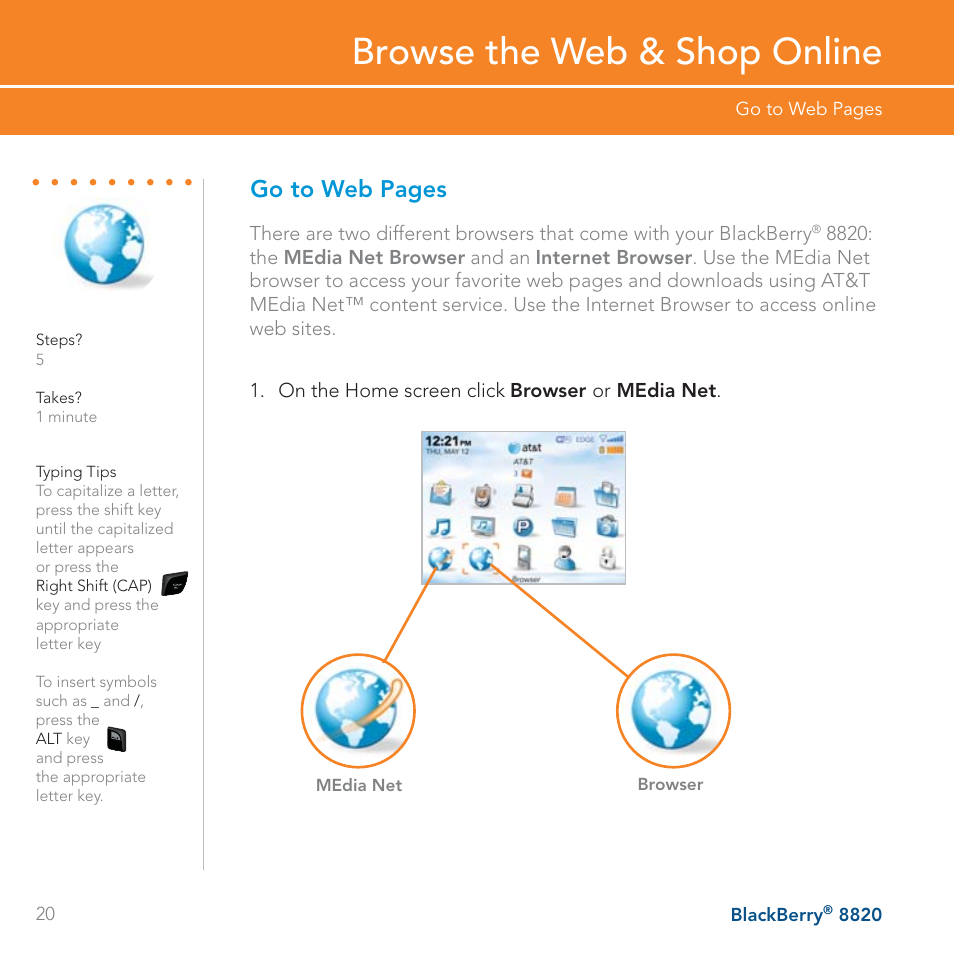 Browse the web & shop online, Go to web pages | AT&T BLACKBERRY 8820 User Manual | Page 20 / 58