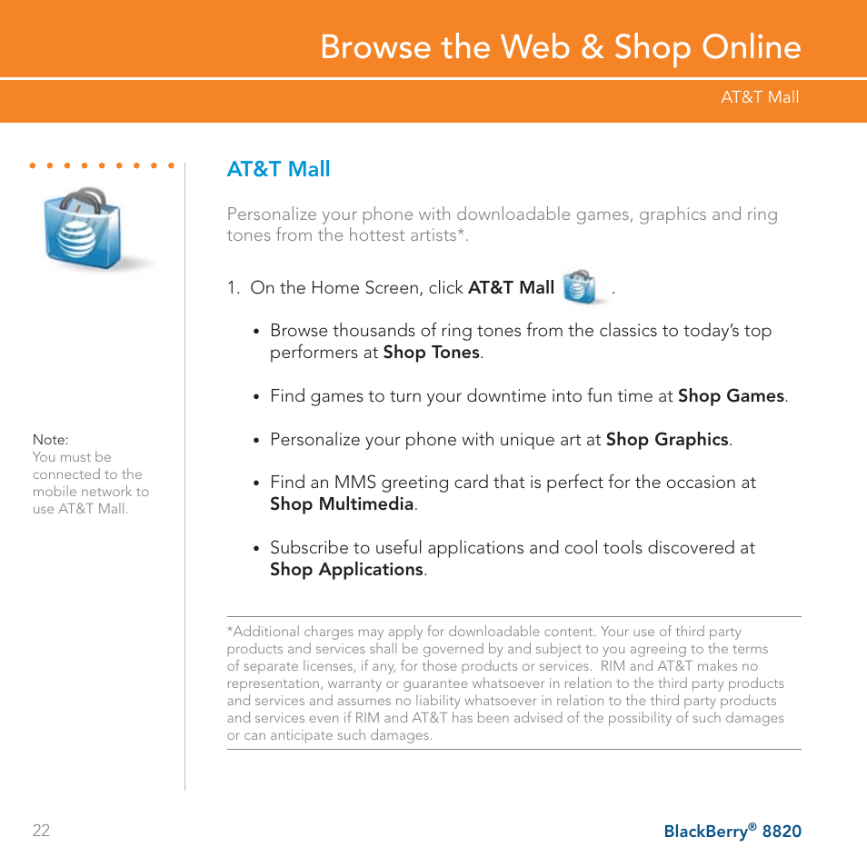 Browse the web & shop online, At&t mall | AT&T BLACKBERRY 8820 User Manual | Page 22 / 58