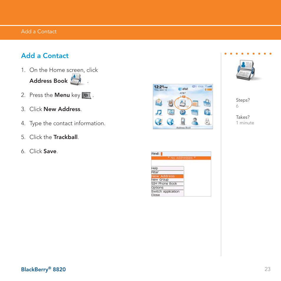Add a contact | AT&T BLACKBERRY 8820 User Manual | Page 23 / 58
