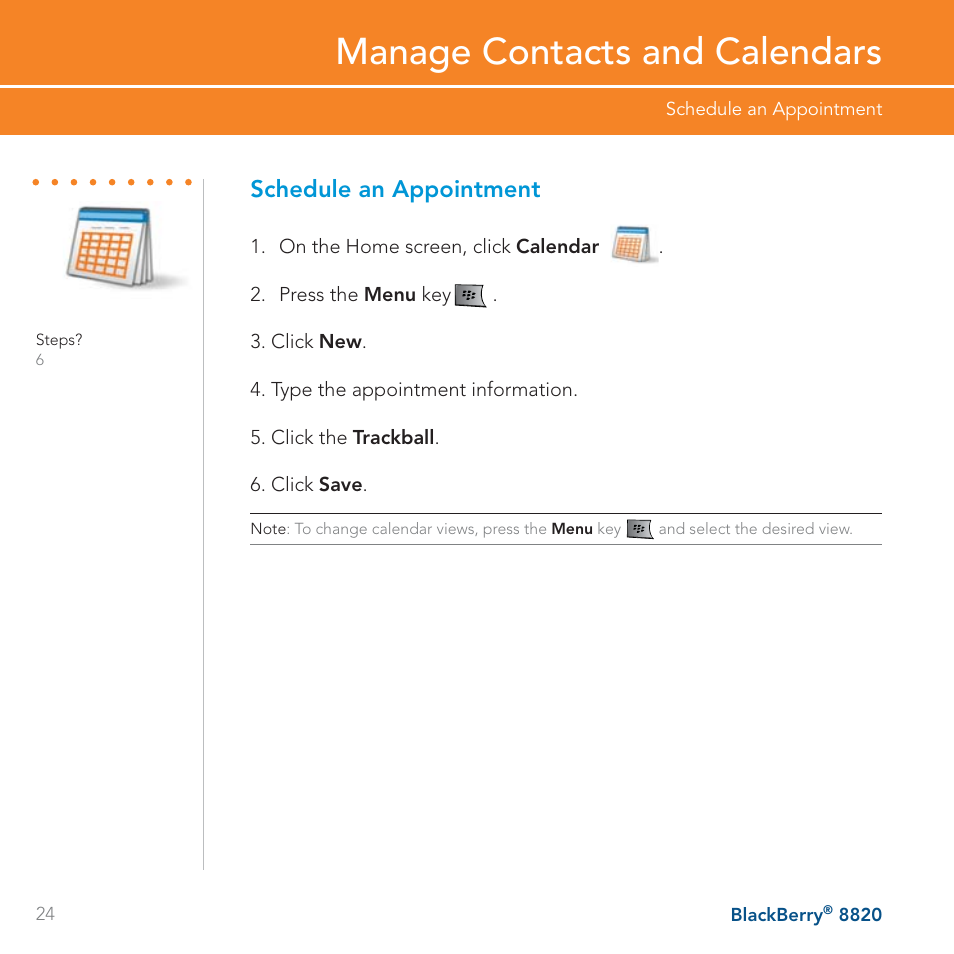 Manage contacts and calendars, Schedule an appointment | AT&T BLACKBERRY 8820 User Manual | Page 24 / 58