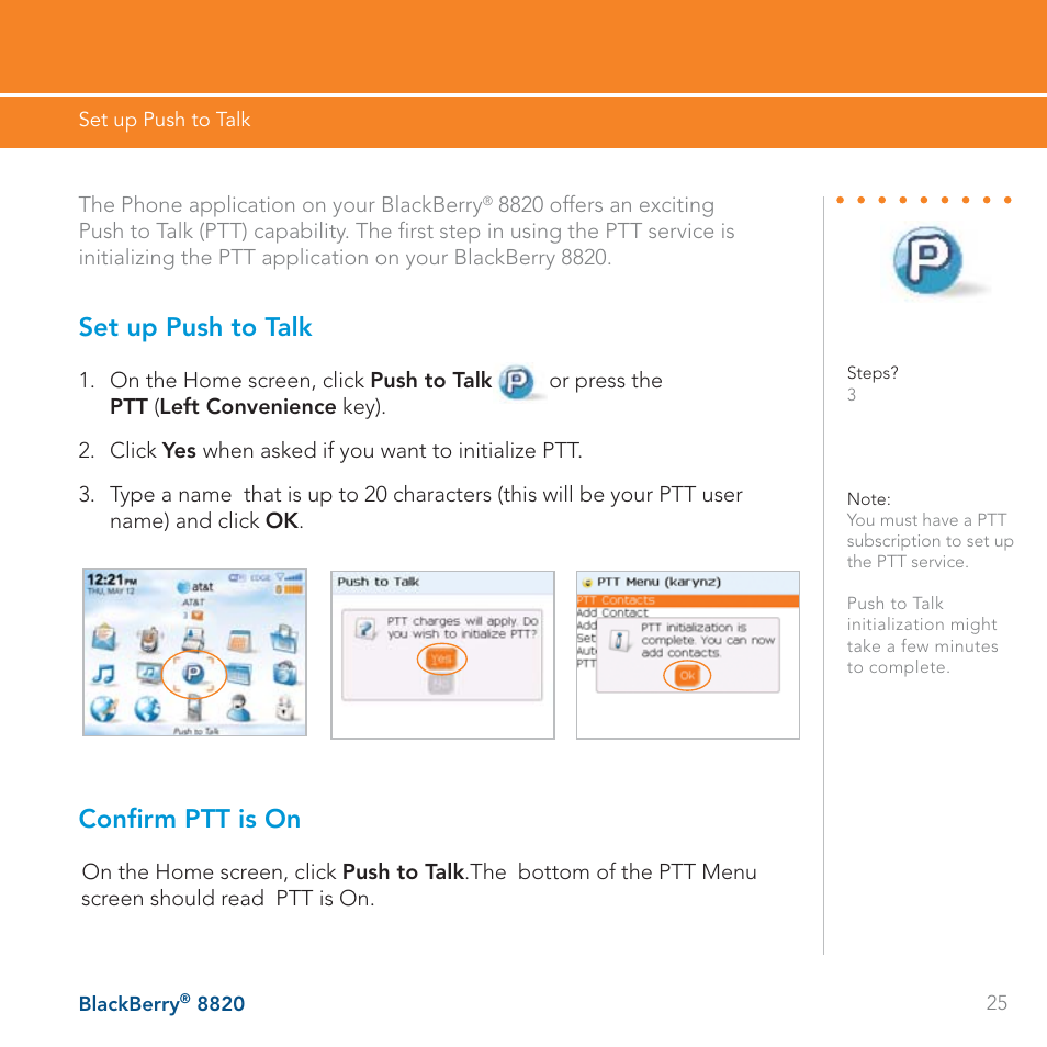 Set up push to talk, Confirm ptt is on | AT&T BLACKBERRY 8820 User Manual | Page 25 / 58