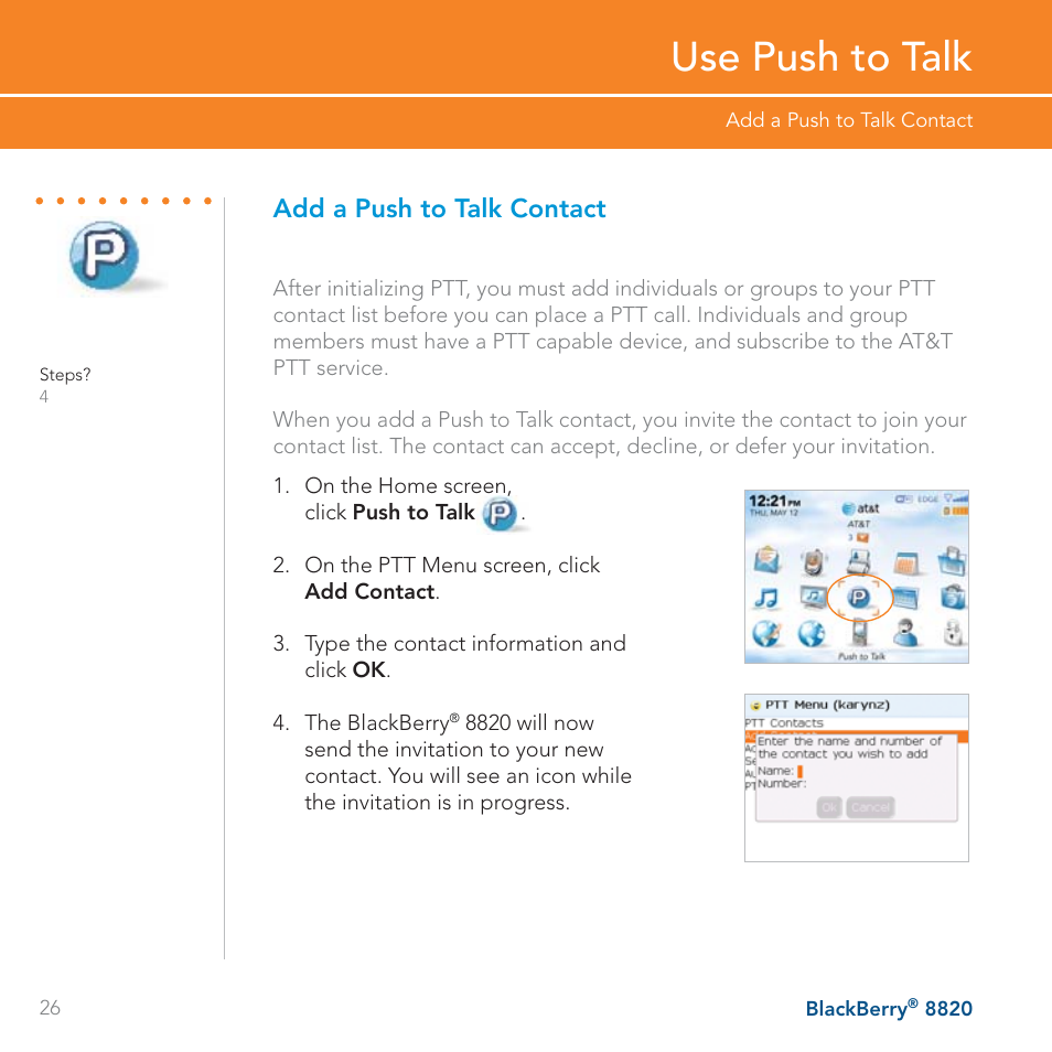 Use push to talk, Add a push to talk contact | AT&T BLACKBERRY 8820 User Manual | Page 26 / 58