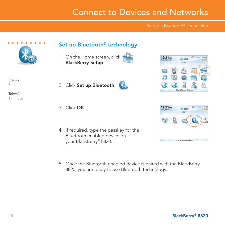 Connect to devices and networks, Set up bluetooth, Technology | AT&T BLACKBERRY 8820 User Manual | Page 28 / 58
