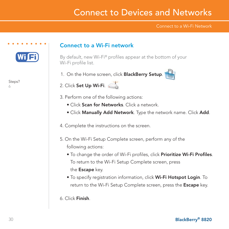 Connect to devices and networks, Connect to a wi-fi network | AT&T BLACKBERRY 8820 User Manual | Page 30 / 58