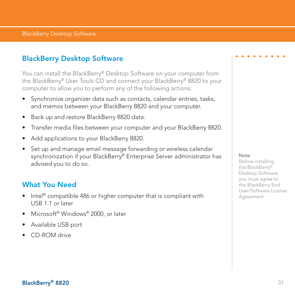 Blackberry desktop software, What you need | AT&T BLACKBERRY 8820 User Manual | Page 31 / 58