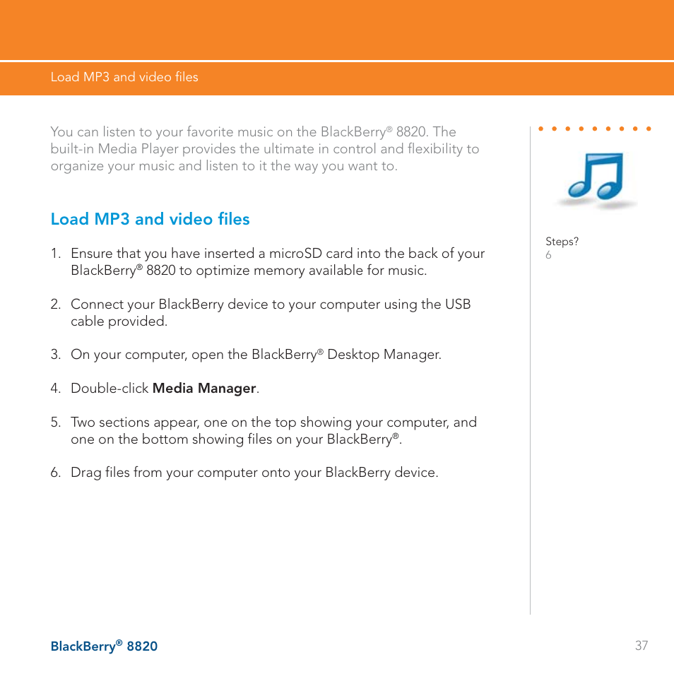 Load mp3 and video files | AT&T BLACKBERRY 8820 User Manual | Page 37 / 58